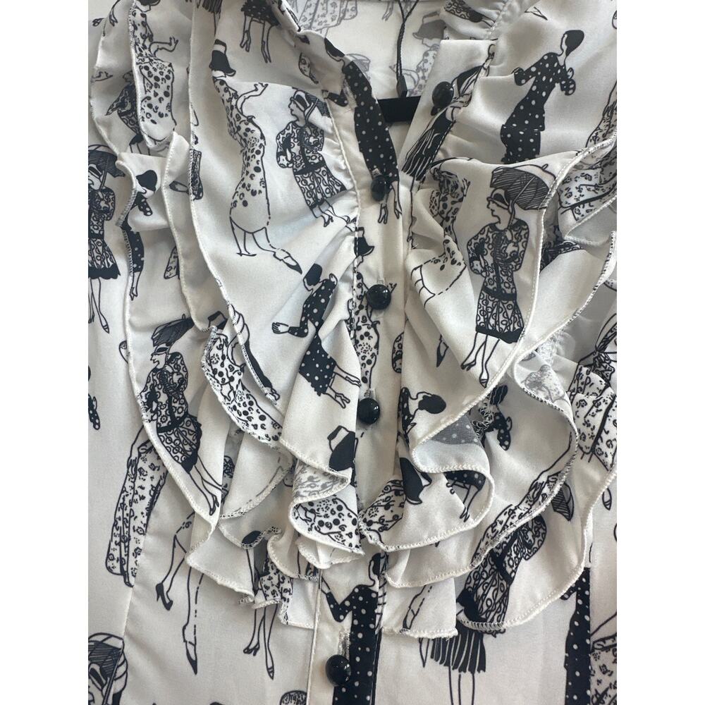 Blingdor White Chiffon Button up Ruffle Blouse with Outlined Women Novelty Print - Picture 6 of 10